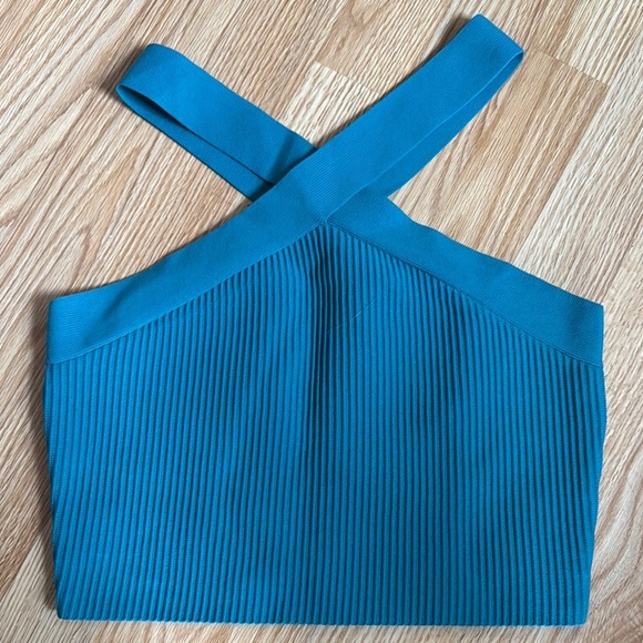 Sincerely Jules teal ribbed stretch cross strap cropped halter top. NWT. Large. - Picture 1 of 4